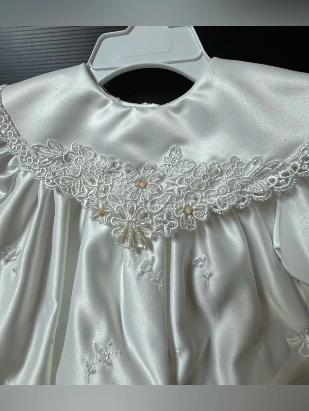 Vintage White satin baby christening gown and bonnet set